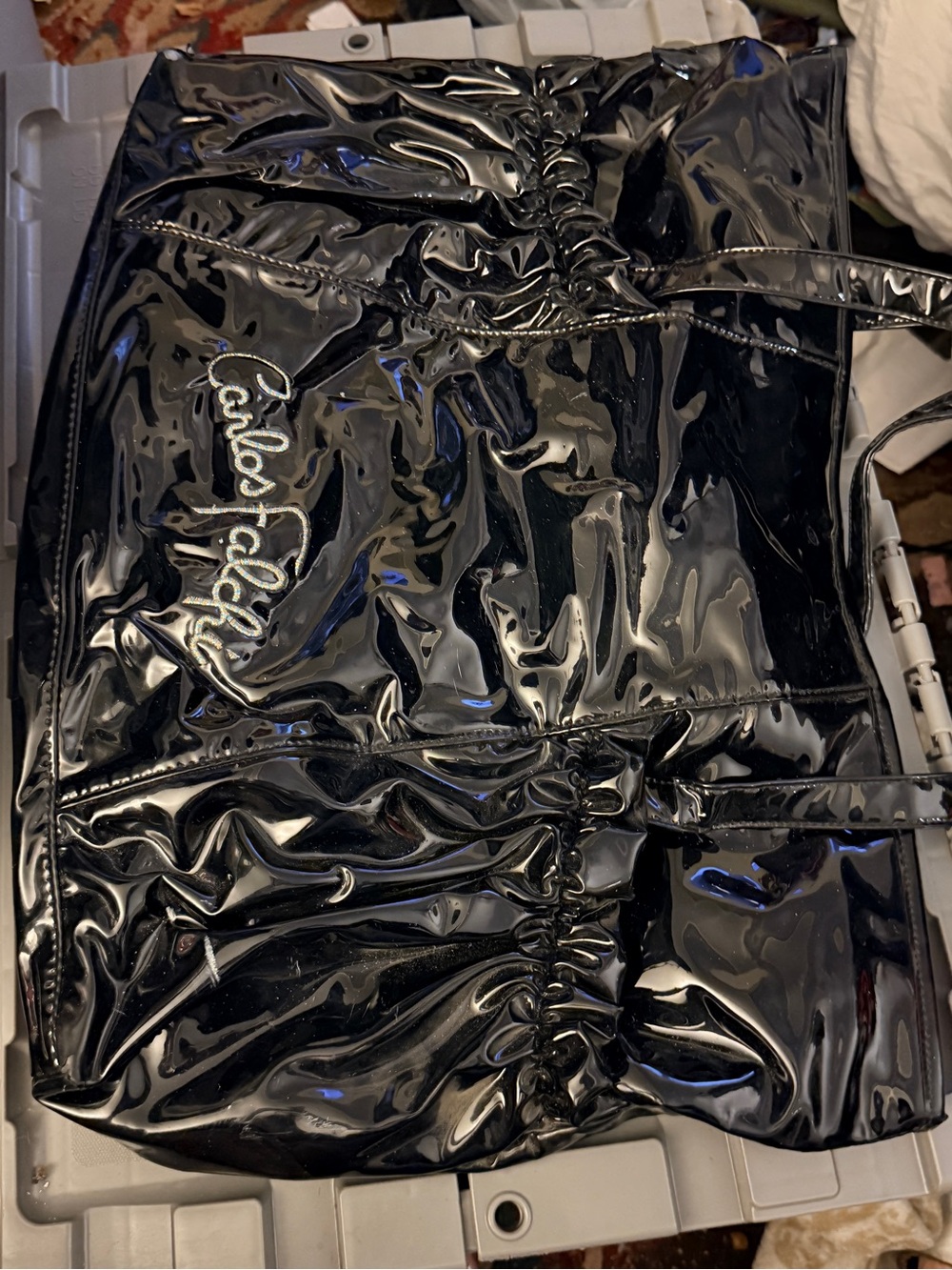 Carlos Falchi Shiny Black Patent Ruched Tote
